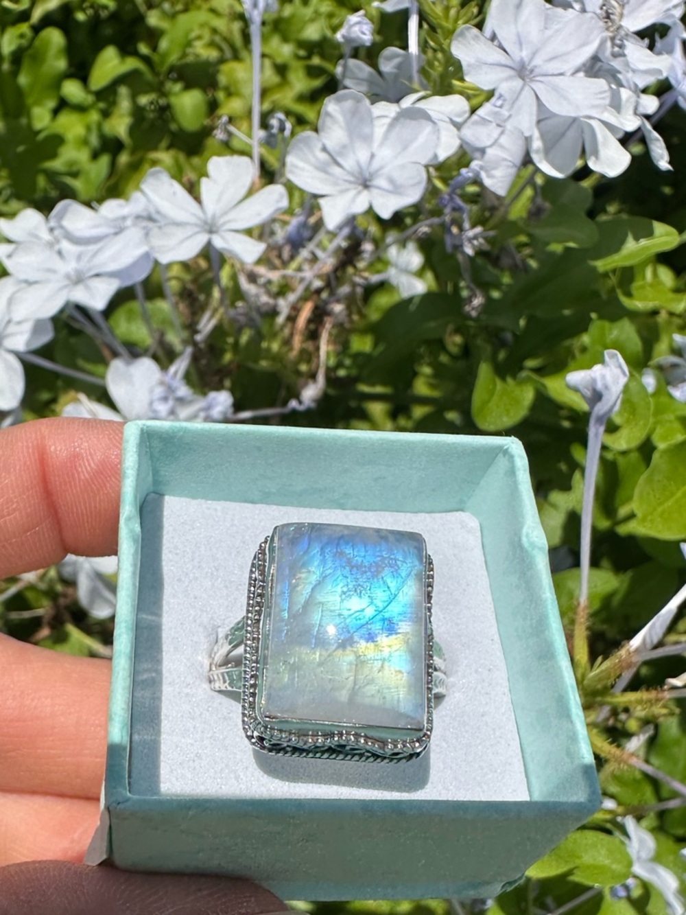 Sterling Silver Rainbow Moonstone Statement Ring Size 9.5